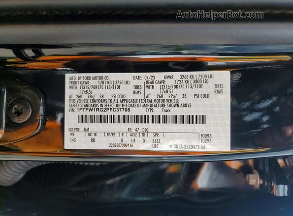 1FTFW1RG2PFC37708 2023 FORD F150 Черный Вид наклейки с VIN-кодом