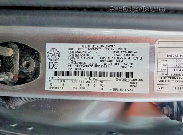 1FTFW1RG3NFC43014 2022 FORD F150 Серый Вид подкапотного пространства