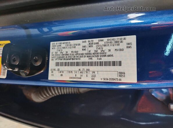 1FTFW1RG6NFB01613 2022 FORD F150 Blue Widok naklejki z numerem VIN