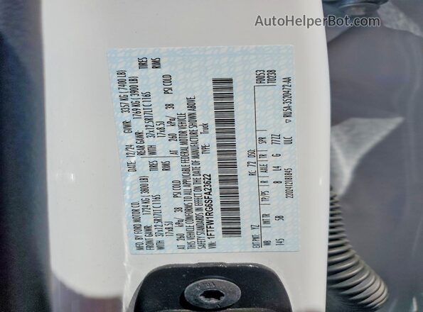 1FTFW1RG6SFA23622 2025 FORD F150 White Vista de la etiqueta del VIN