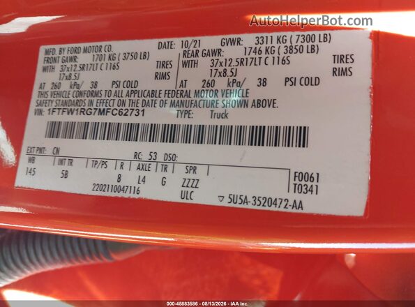 1FTFW1RG7MFC62731 2021 FORD F150 Orange Вид підкапотного простору