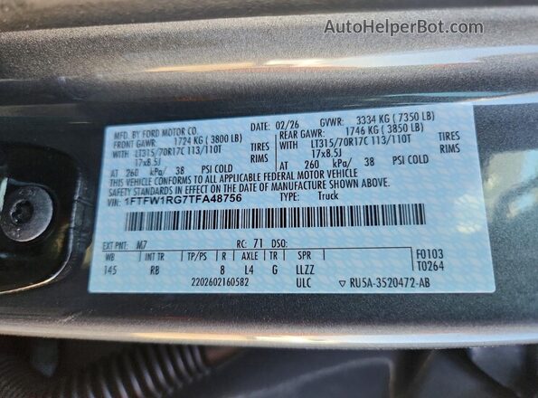 1FTFW1RG7TFA48756 2026 FORD F150 Charcoal VIN կոդի պիտակի տեսք