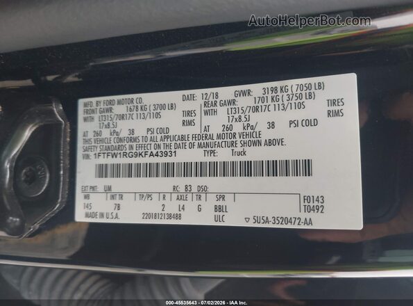1FTFW1RG9KFA43931 2019 FORD F150 Black Շարժիչի բաժամունքի տեսք