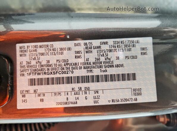 1FTFW1RGXSFC00270 2025 FORD F150 Gray VIN კოდის სტიკერის ხედი