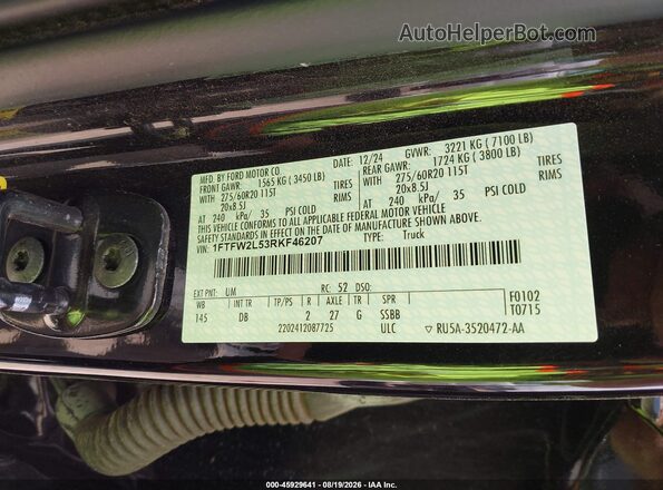 1FTFW2L53RKF46207 2024 FORD F150 Black ძრავის განყოფილების ხედი