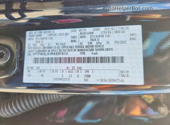 1FTFW3L51RKE97613 2024 FORD F150 Blue Շարժիչի բաժամունքի տեսք