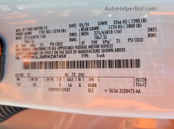 1FTFW3L58RKD97458 2024 FORD F150 White Engine compartment view
