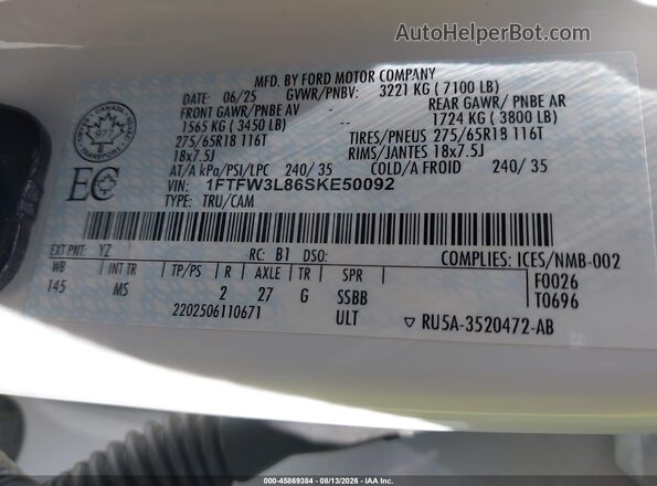 1FTFW3L86SKE50092 2025 FORD F150 White Вид підкапотного простору