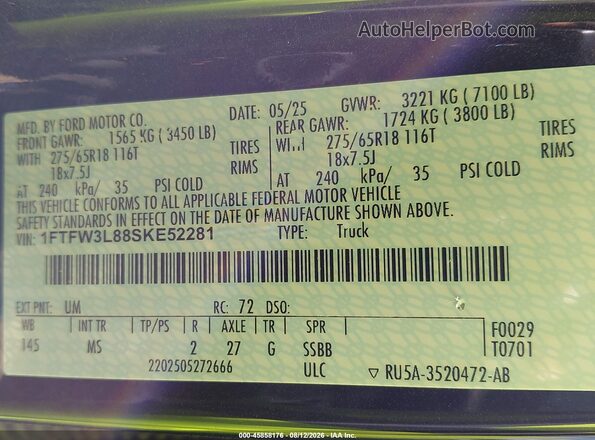 1FTFW3L88SKE52281 2025 FORD F150 Black Вид підкапотного простору