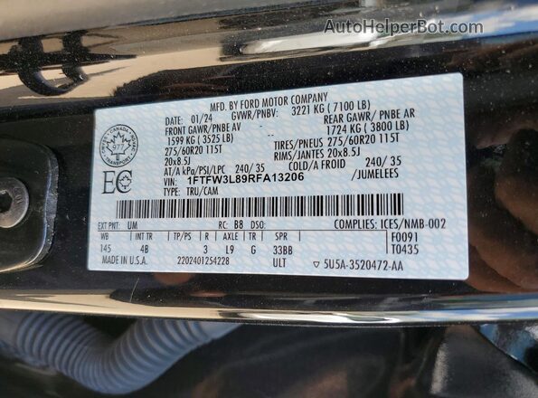 1FTFW3L89RFA13206 2024 FORD F150 Black VIN კოდის სტიკერის ხედი