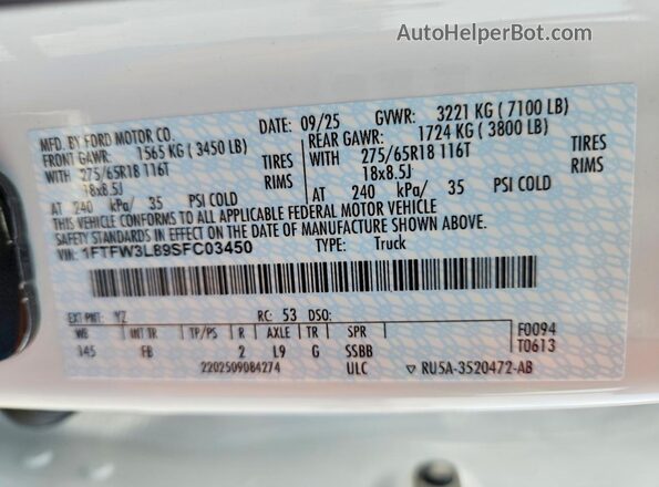 1FTFW3L89SFC03450 2025 FORD F150 White ძრავის განყოფილების ხედი