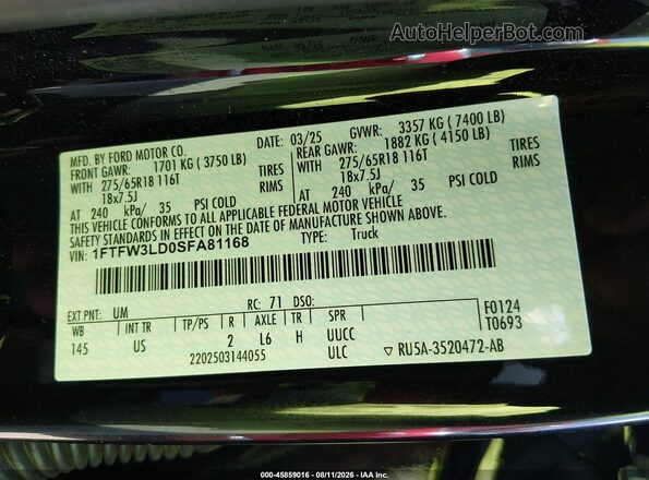 1FTFW3LD0SFA81168 2025 FORD F150 Black Vista del compartimento del motor