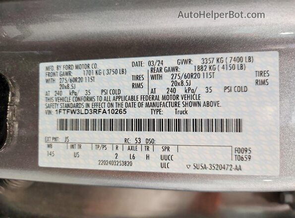 1FTFW3LD3RFA10265 2024 FORD F150 Silver Շարժիչի բաժամունքի տեսք