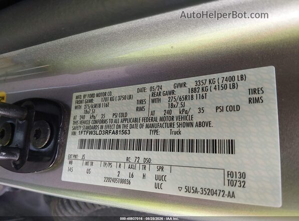 1FTFW3LD3RFA81563 2024 FORD F150 Gray Widok komory silnika