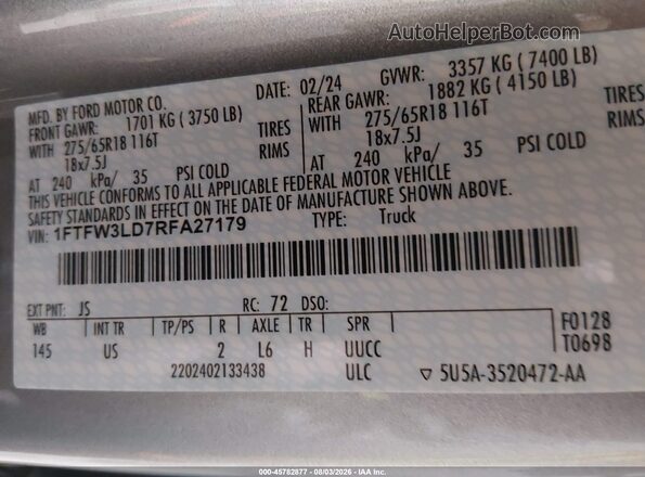 1FTFW3LD7RFA27179 2024 FORD F150 Silver Engine compartment view