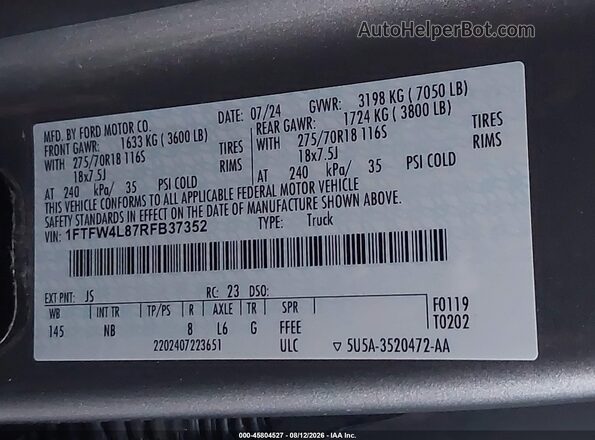 1FTFW4L87RFB37352 2024 FORD F150 Silver Շարժիչի բաժամունքի տեսք