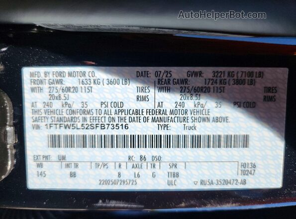 1FTFW5L52SFB73516 2025 FORD F150 Черный Вид наклейки с VIN-кодом