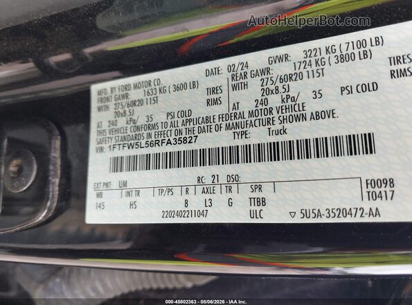 1FTFW5L56RFA35827 2024 FORD F150 Black Vista del compartimento del motor