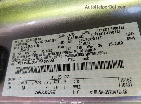1FTFW5LD5SFA62725 2025 FORD F150 Silver Շարժիչի բաժամունքի տեսք