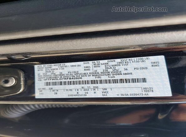 1FTFW5LD7RFB42926 2024 FORD F150 Black Vista de la etiqueta del VIN