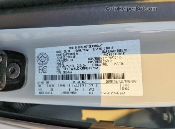 1FTFW5LDXRFB75712 2024 FORD F150 Gray Widok naklejki z numerem VIN