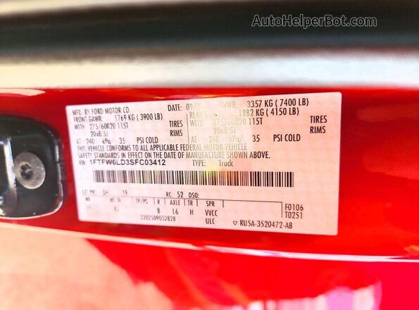 1FTFW6LD3SFC03412 2025 FORD F150 Red Вид наклейки з VIN-кодом