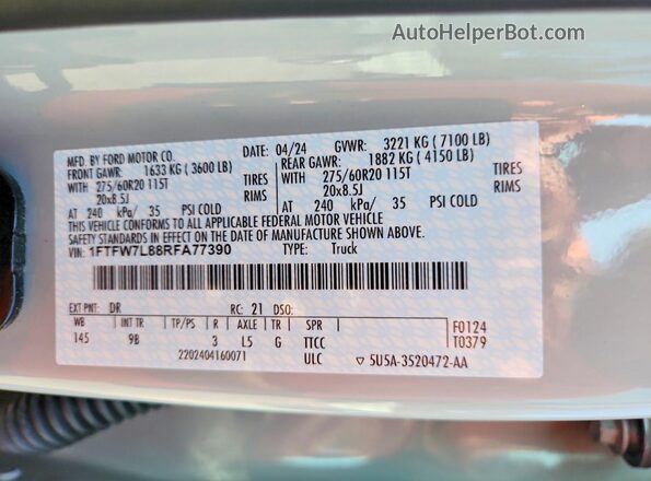 1FTFW7L88RFA77390 2024 FORD F150 Серый Вид подкапотного пространства