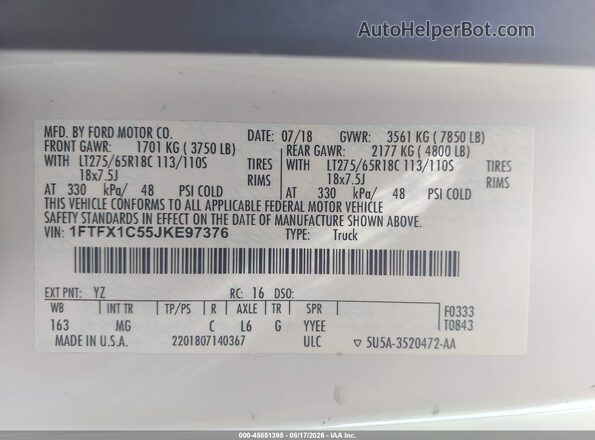 1FTFX1C55JKE97376 2018 FORD F150 Белый Вид подкапотного пространства