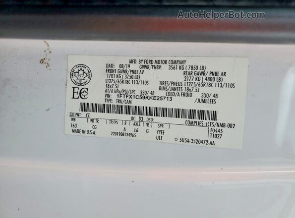 1FTFX1C59KKE25713 2019 FORD F150 White ძრავის განყოფილების ხედი
