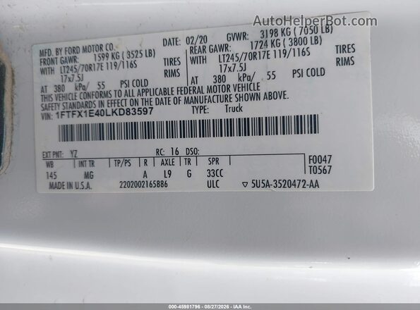 1FTFX1E40LKD83597 2020 FORD F150 White ძრავის განყოფილების ხედი