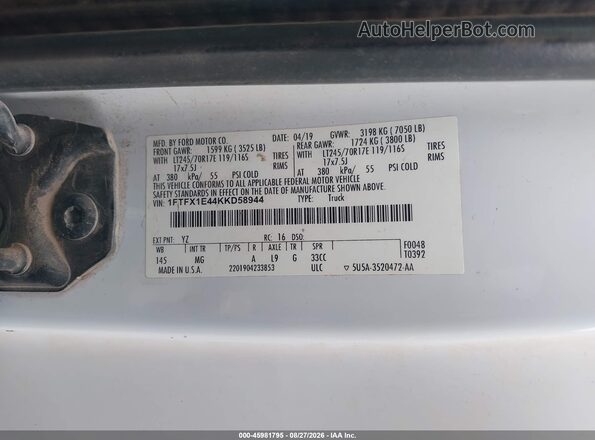 1FTFX1E44KKD58944 2019 FORD F150 Белый Вид подкапотного пространства