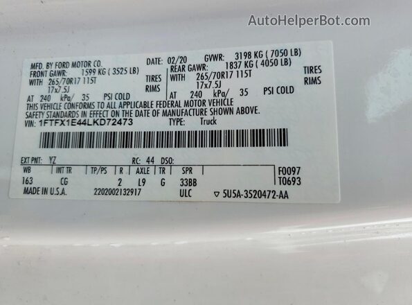 1FTFX1E44LKD72473 2020 FORD F150 White Շարժիչի բաժամունքի տեսք