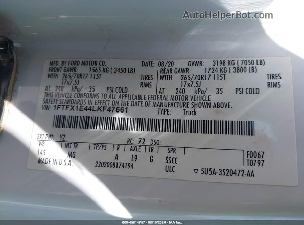 1FTFX1E44LKF47661 2020 FORD F150 Белый Вид подкапотного пространства