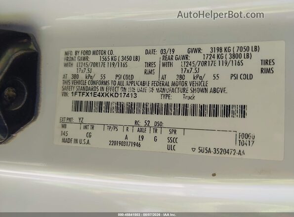 1FTFX1E4XKKD17413 2019 FORD F150 White Շարժիչի բաժամունքի տեսք