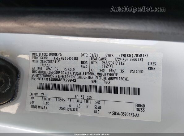 1FTFX1E50MFB29942 2021 FORD F150 White Widok komory silnika