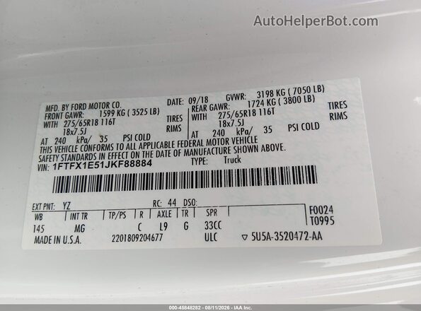 1FTFX1E51JKF88884 2018 FORD F150 White ძრავის განყოფილების ხედი