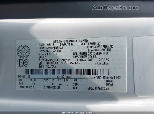1FTFX1E53JFC57412 2018 FORD F150 White ძრავის განყოფილების ხედი
