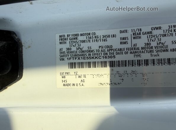 1FTFX1E55KKC16305 2019 FORD F150 White Widok naklejki z numerem VIN