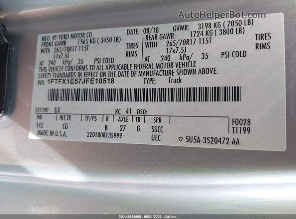 1FTFX1E57JFE10518 2018 FORD F150 Silver Շարժիչի բաժամունքի տեսք