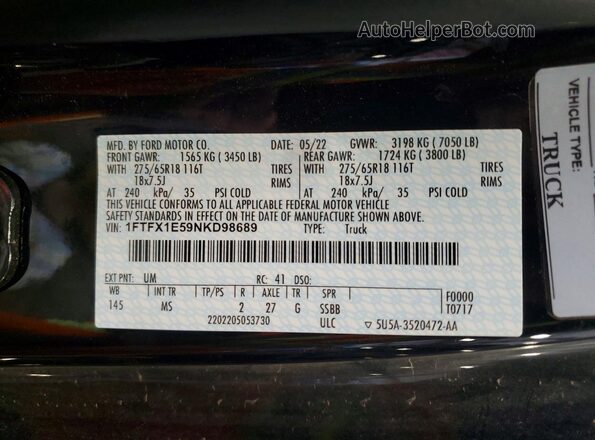 1FTFX1E59NKD98689 2022 FORD F150 Black Շարժիչի բաժամունքի տեսք