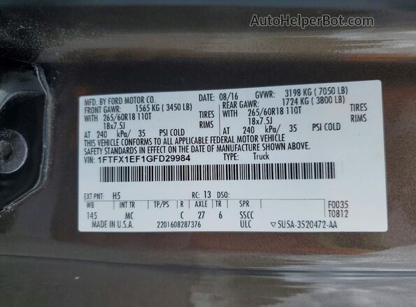 1FTFX1EF1GFD29984 2016 FORD F150 Коричневый Вид наклейки с VIN-кодом