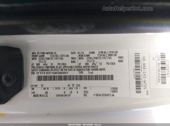 1FTFX1EF1GKD60501 2016 FORD F150 White Vista del compartimento del motor