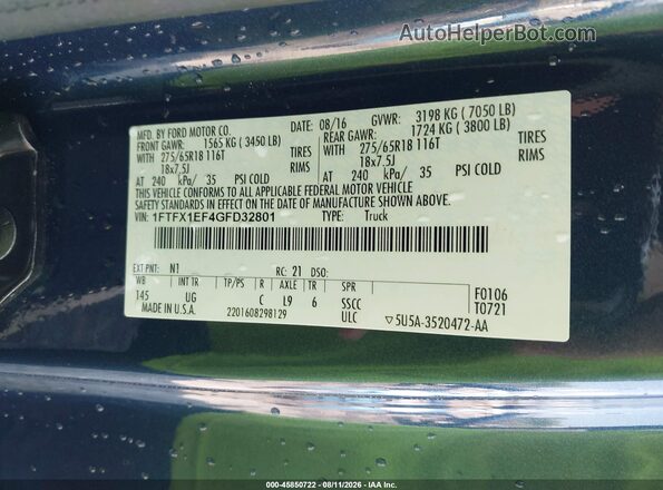 1FTFX1EF4GFD32801 2016 FORD F150 Dark Blue ძრავის განყოფილების ხედი