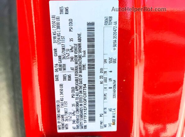1FTFX1EFXGFC07754 2016 FORD F150 Red VIN sticker view