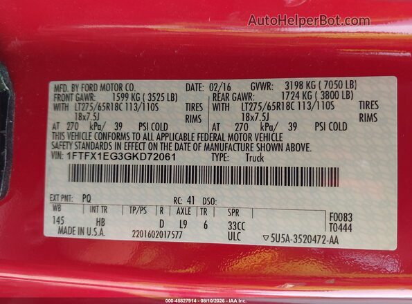 1FTFX1EG3GKD72061 2016 FORD F150 Красный Вид подкапотного пространства