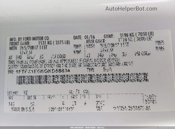 1FTFX1EG6GKD58834 2016 FORD F150 White Widok komory silnika