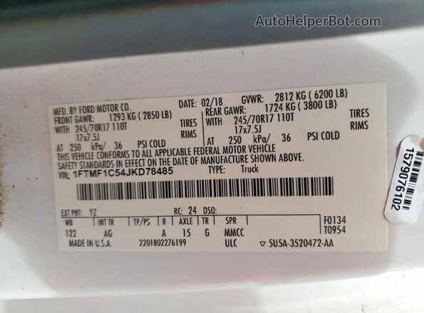 1FTMF1C54JKD78485 2018 FORD F150 White Vista de la etiqueta del VIN