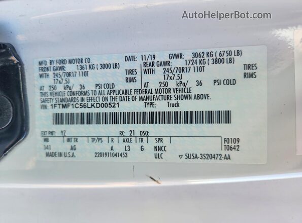 1FTMF1C56LKD00521 2020 FORD F150 White ძრავის განყოფილების ხედი