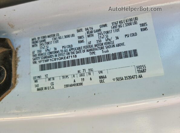 1FTMF1C81GKE47118 2016 FORD F150 White Вид підкапотного простору
