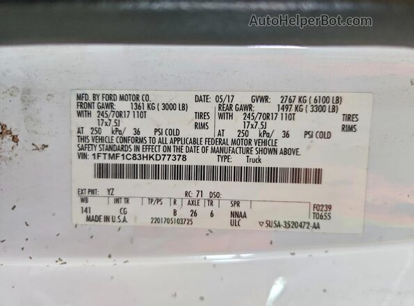 1FTMF1C83HKD77378 2017 FORD F150 White Вид наклейки з VIN-кодом
